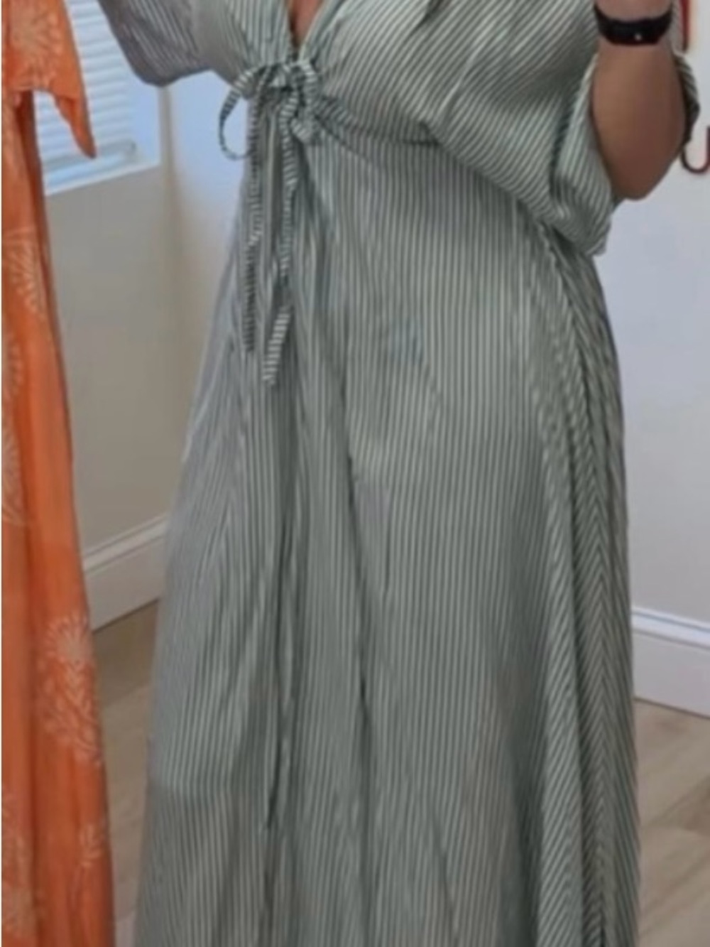 Striped Tie-Front Maxi Dress in Sage Green